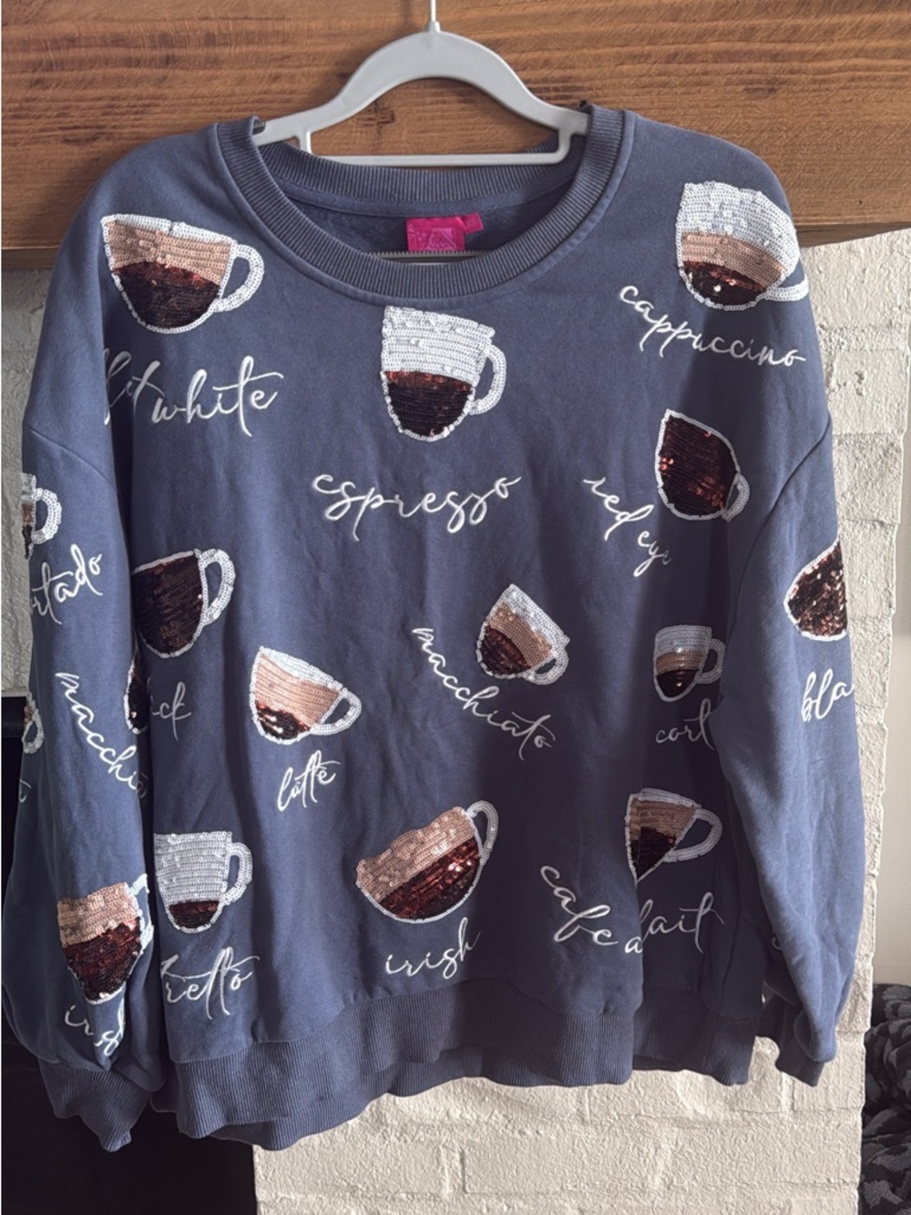 QUEEN OF SPARKLES Navy Sequin Coffee Cup Sweatshirt